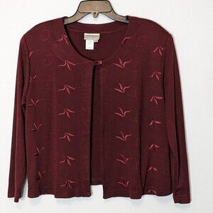 Women's COLDWATER CREEK Burgandy, Top Button, Short Embroidery Cardigan; Size PM